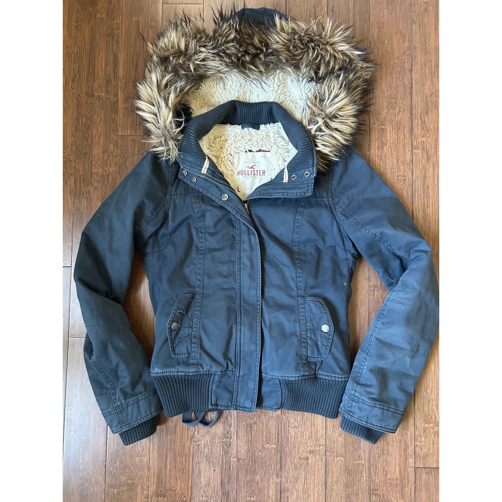 Y2K Hollister Sherpa Lined Bomber Jacket Navy Blue Faux Fur Hood Size Large